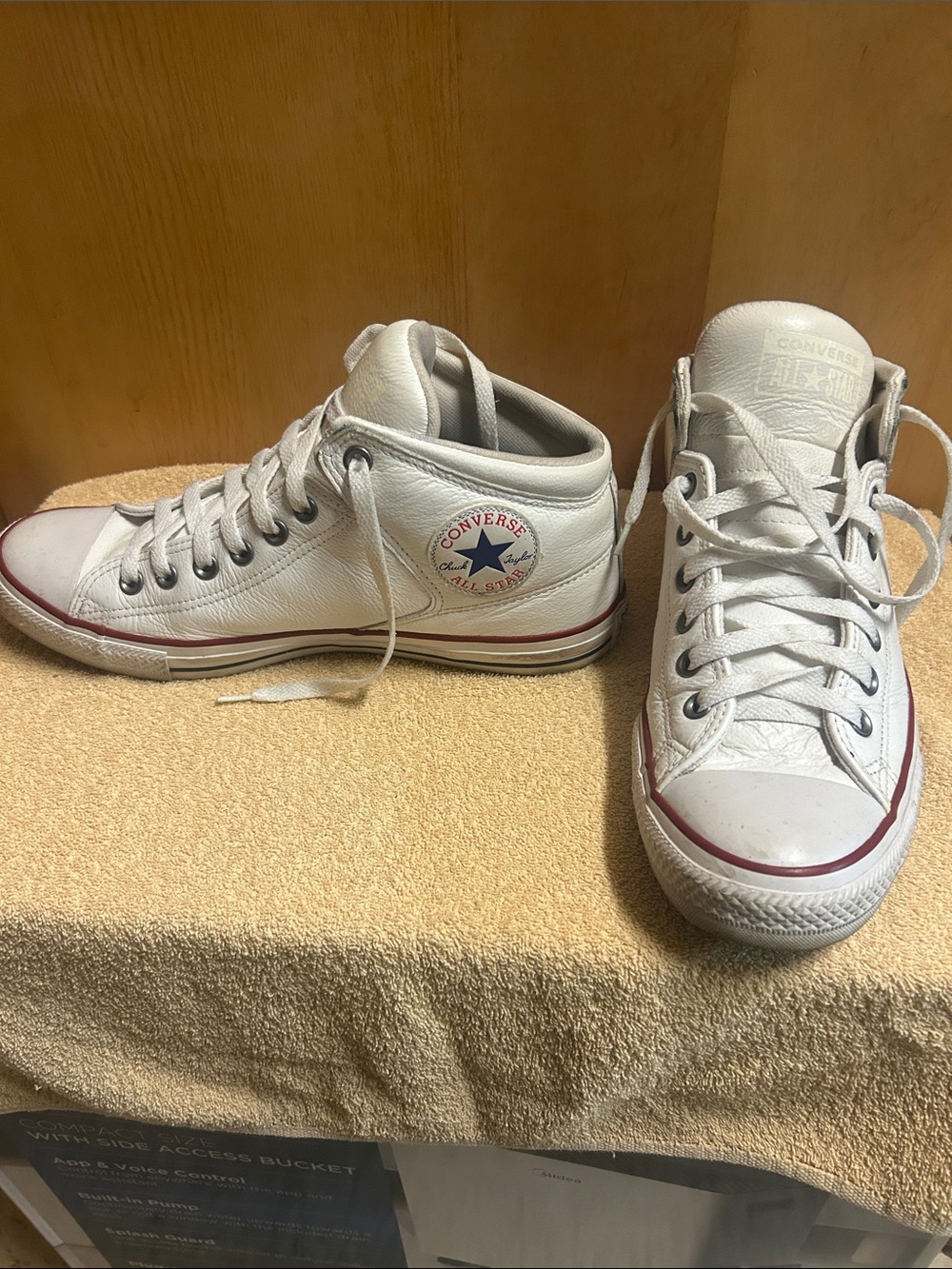 Converse White Leather High Top Sneakers with Red Trim